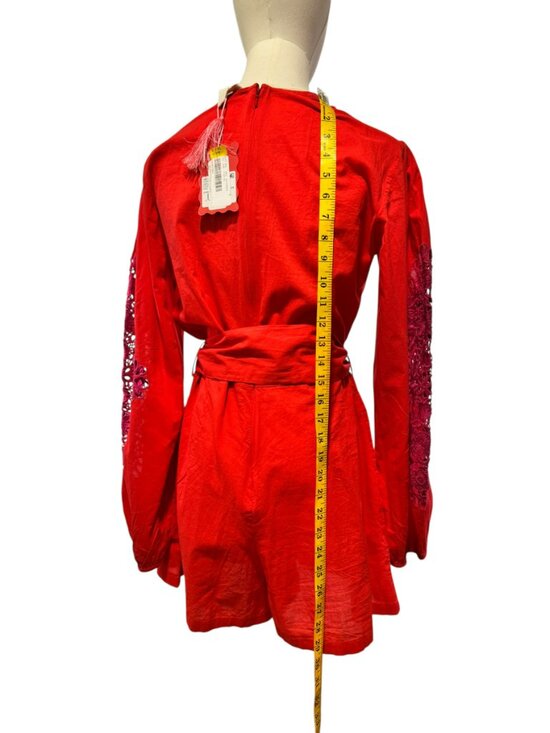Chelsea & Violet Boho Embroidered Lace Sleeve Romper Red Pink M - Picture 11 of 11